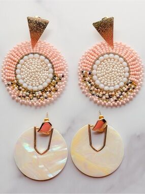 2 Pair Statement Earrings Pink Beaded & White Faux Mother of Pearl Gold Tone